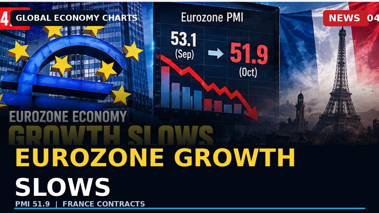 Euro symbol, Paris and descending eurozone PMI graphic for October 2026