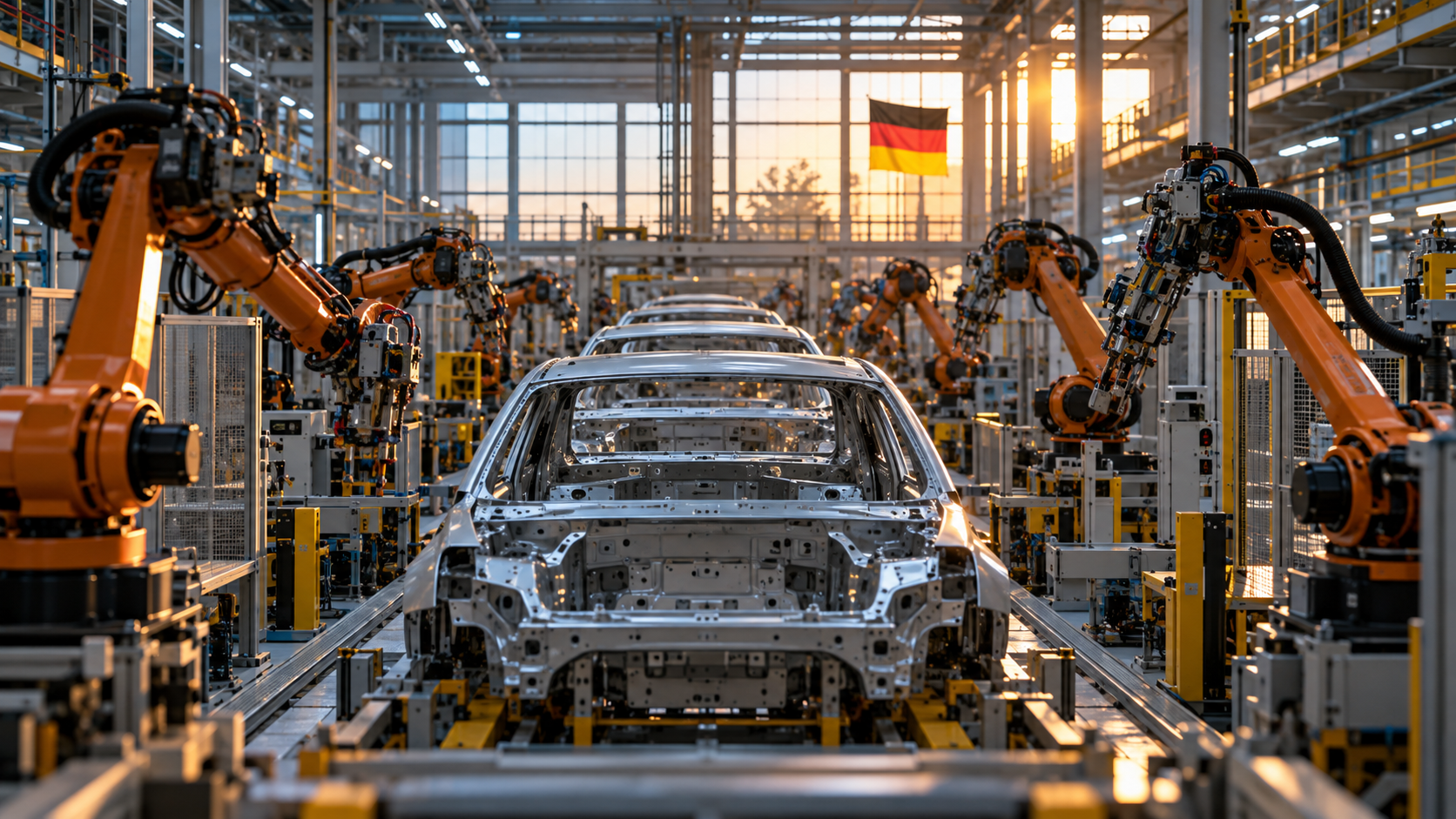 AI-generated editorial illustration of a German automotive assembly plant.