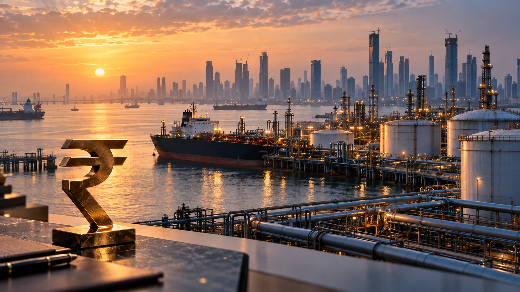 AI-generated editorial illustration of a rupee symbol overlooking an Indian oil terminal.