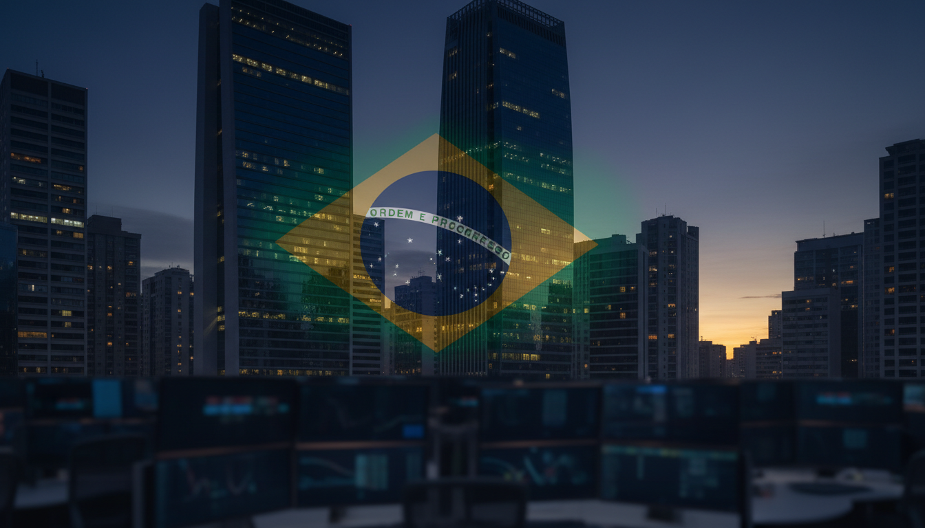 AI-generated editorial illustration of Brazil's financial district and market uncertainty.