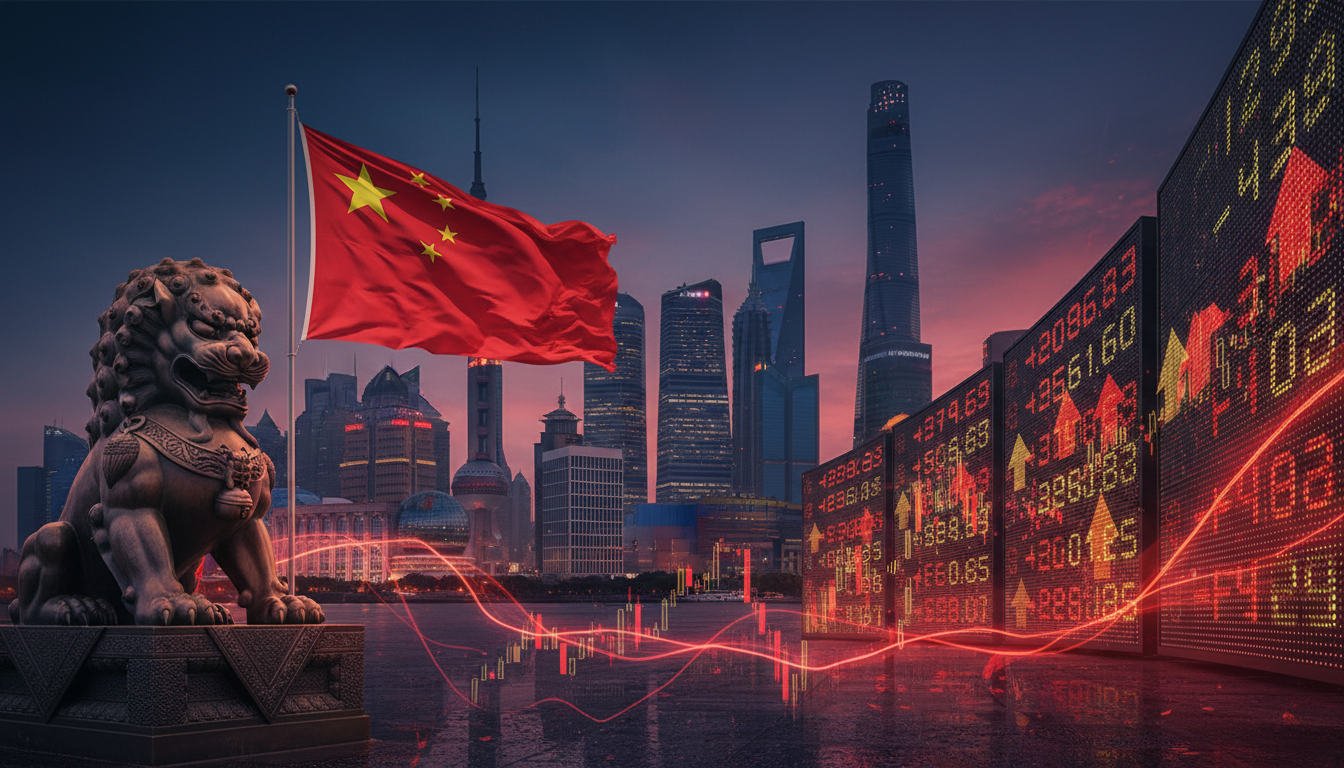 Chinese skyline with falling red equity market graph