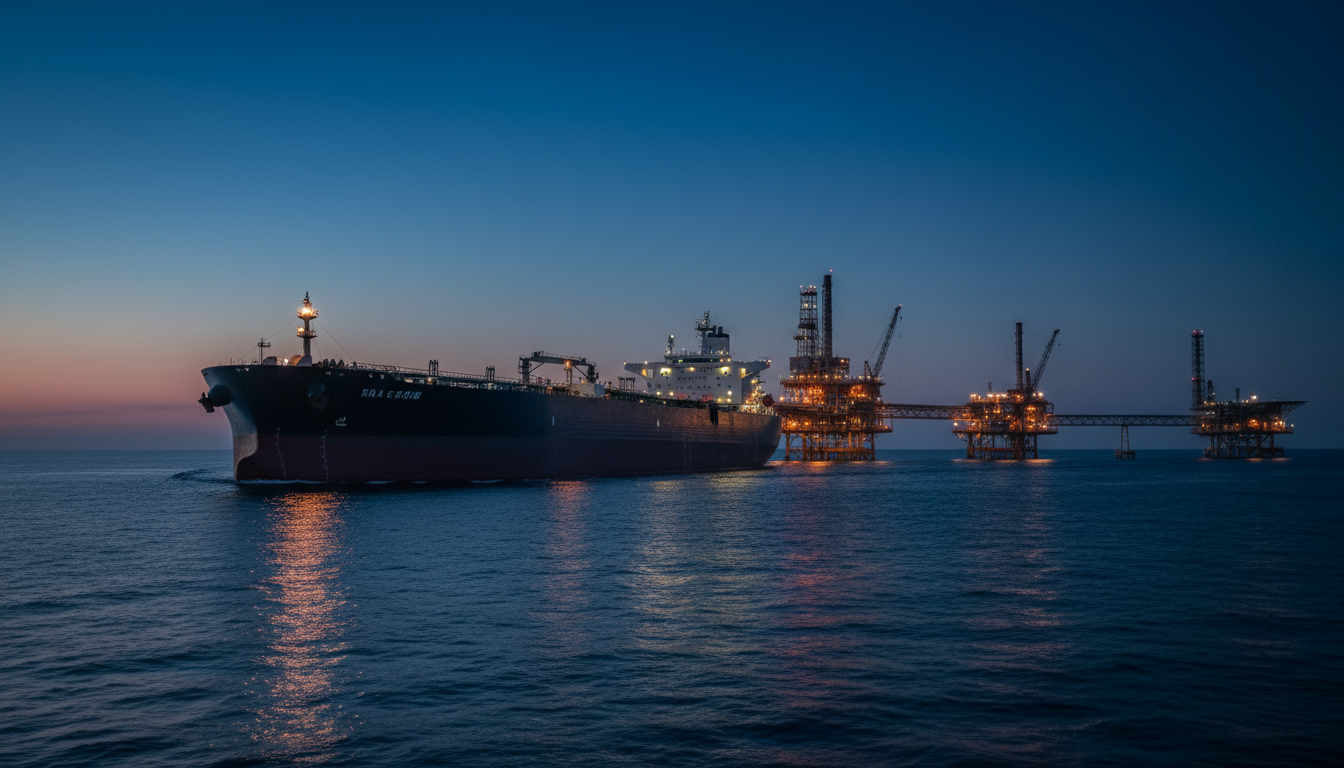 AI-generated illustration of oil shipping infrastructure at dusk.