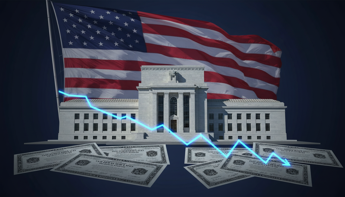 US Treasury and Federal Reserve building with blue bond yield chart
