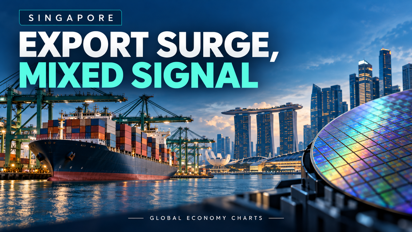 EXPORT SURGE, MIXED SIGNAL — editorial illustration